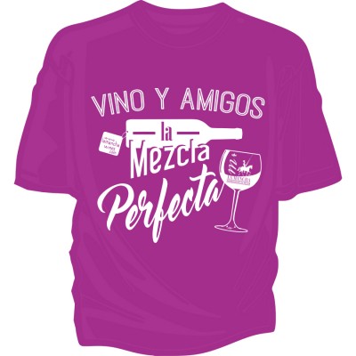 Camiseta rosa "Vino y amigos, la mezcla perfecta"