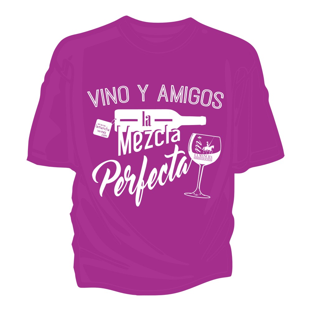 Camiseta rosa "Vino y amigos, la mezcla perfecta"