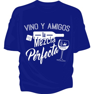 Camiseta azul "Vino y amigos, la mezcla perfecta"