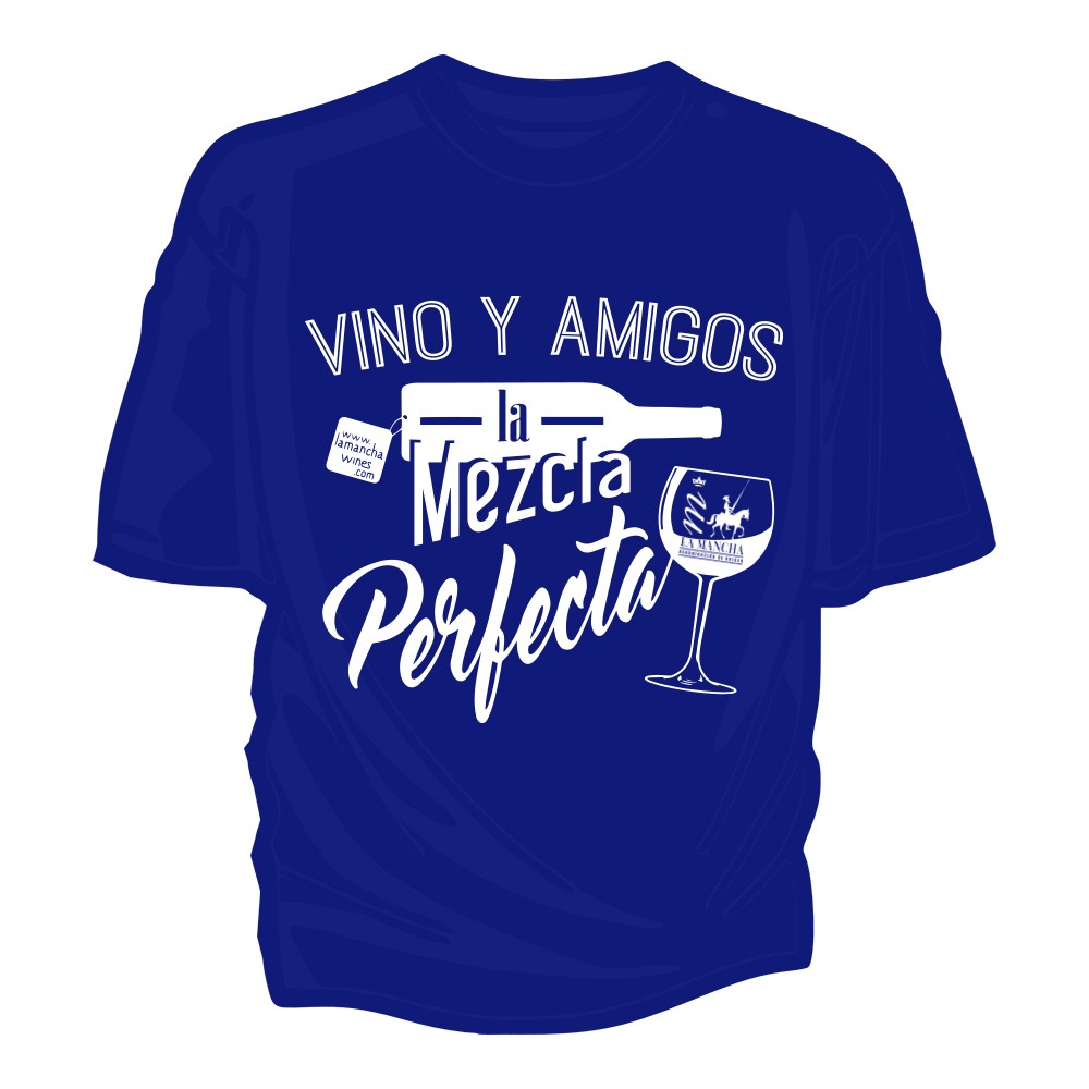 Camiseta azul "Vino y amigos, la mezcla perfecta"